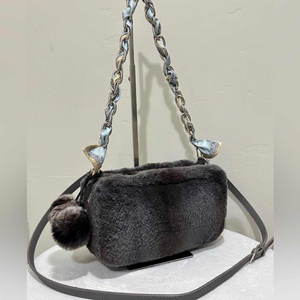 Gray Real Sheared Beaver Fur Handmade Double Zip Pillow Shoulder Bag/ Crossbody